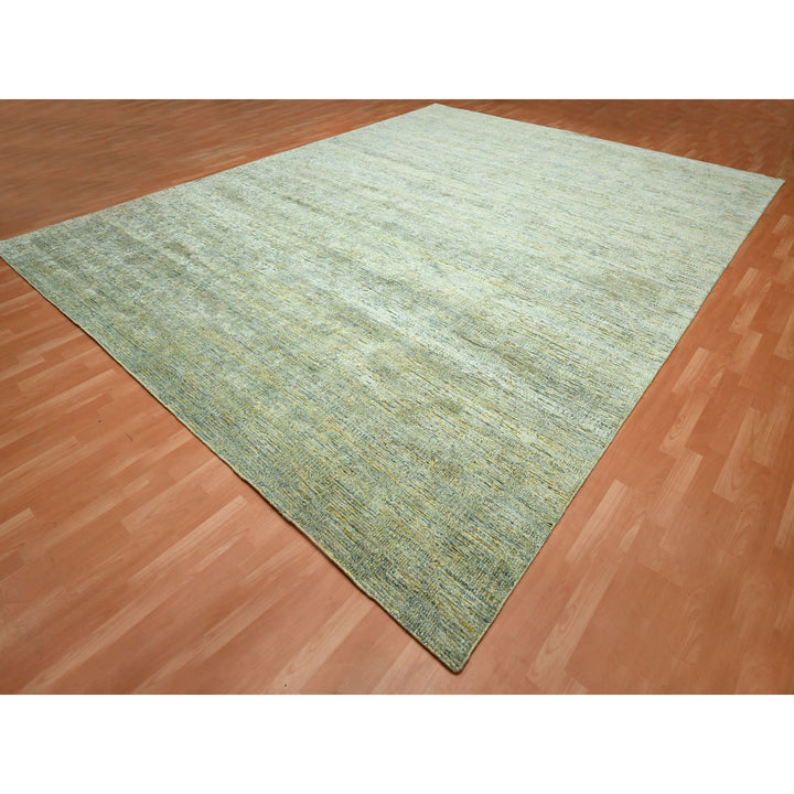 11'9" x 15'4" New Hand Knotted Green Wool & Silk Rectangle Oriental Rug - MOA10275643