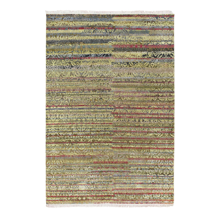 6'1" x 9'1" New Hand Knotted Green Wool & Silk Rectangle Oriental Rug - MOA10275644