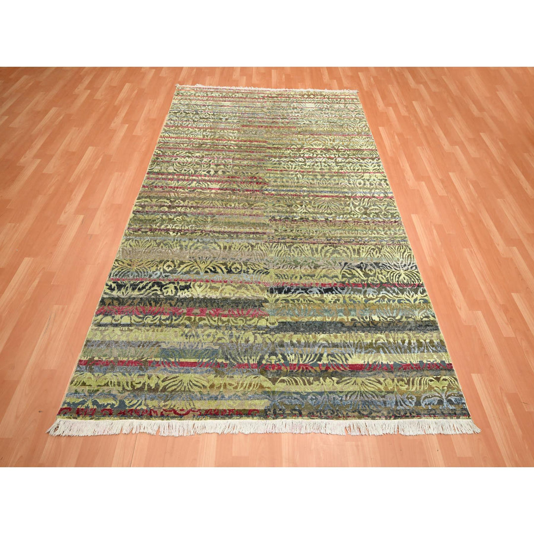 6'1" x 9'1" New Hand Knotted Green Wool & Silk Rectangle Oriental Rug - MOA10275644