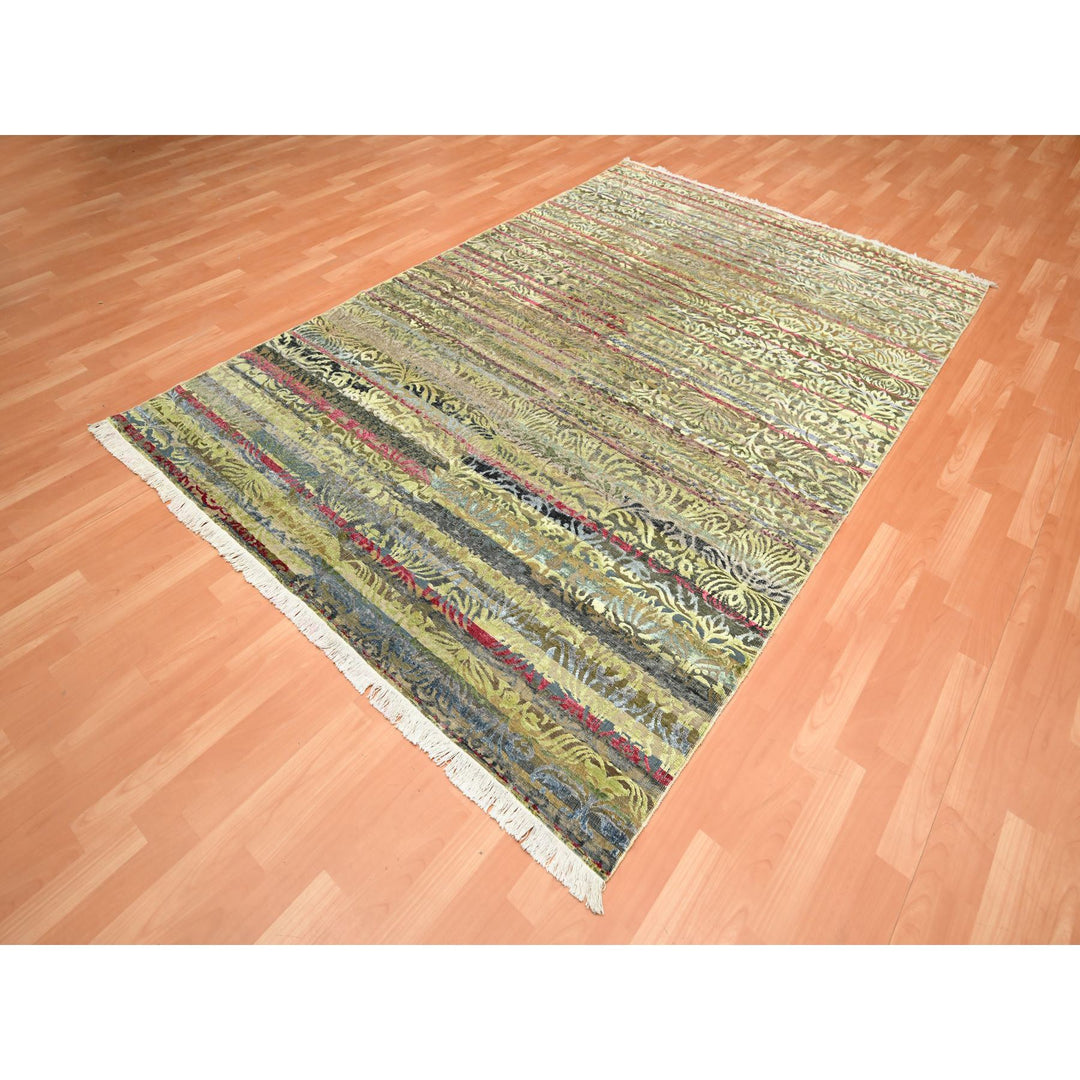 6'1" x 9'1" New Hand Knotted Green Wool & Silk Rectangle Oriental Rug - MOA10275644