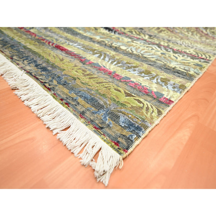 6'1" x 9'1" New Hand Knotted Green Wool & Silk Rectangle Oriental Rug - MOA10275644