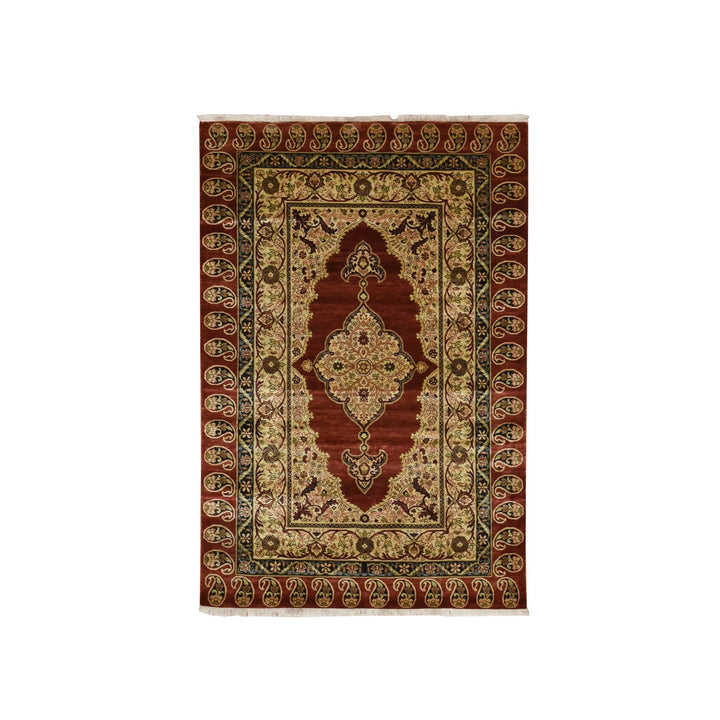 4'0" x 6'0" New Hand Knotted Red Silk Rectangle Oriental Rug - MOA10275647
