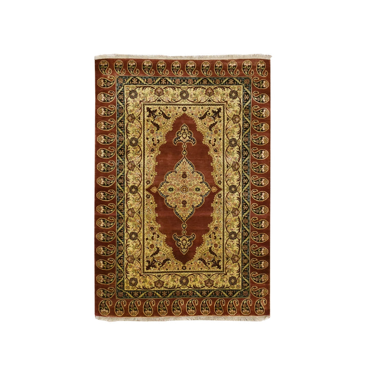 4'0" x 6'0" New Hand Knotted Red Silk Rectangle Oriental Rug - MOA10275648