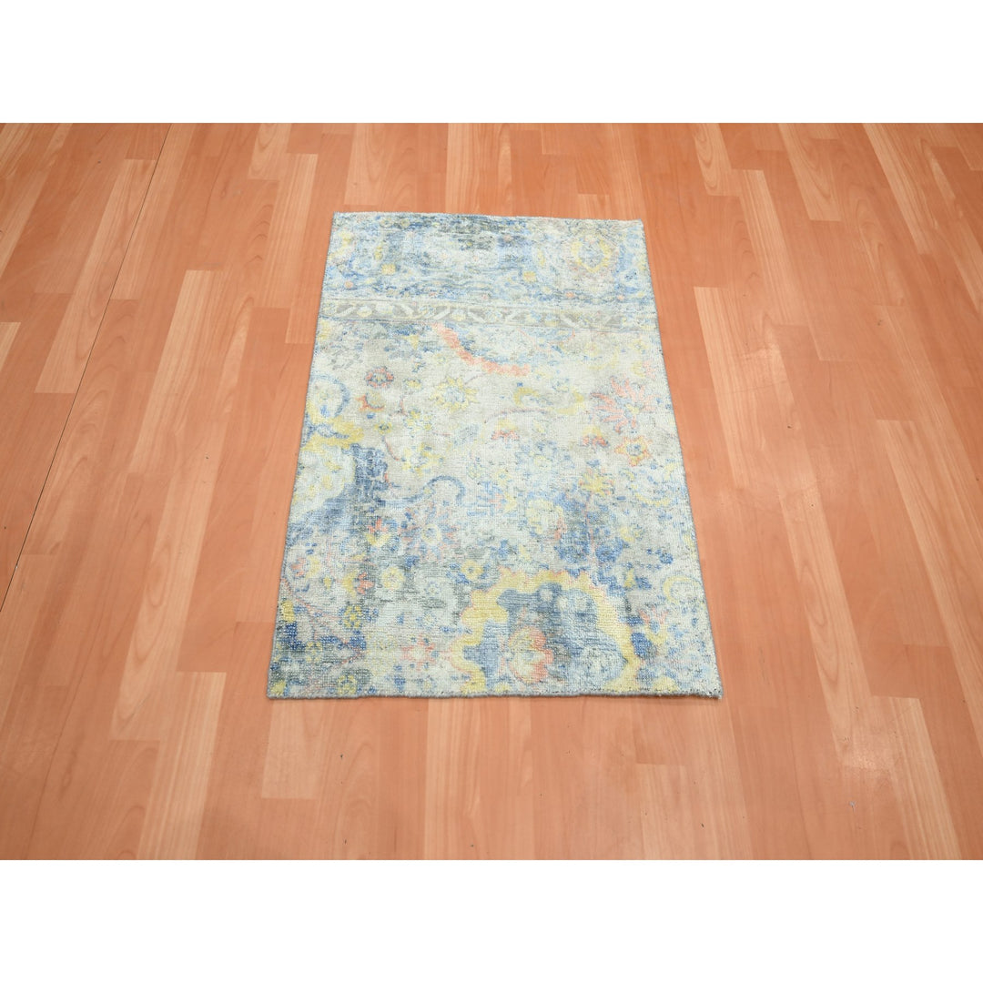 2'1" x 2'10" New Hand Knotted Grey Wool & Pure Silk Rectangle Oriental Rug - MOA10275664