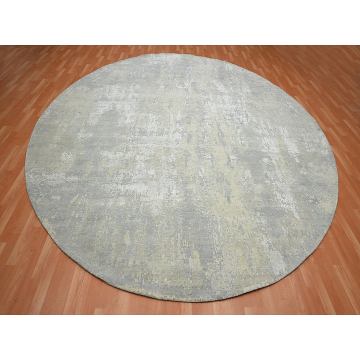 11'10" x 11'10" New Hand Knotted Grey Wool & Silk Round Oriental Rug - MOA10275675