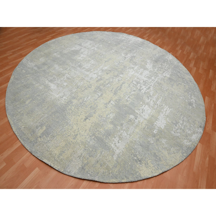 11'10" x 11'10" New Hand Knotted Grey Wool & Silk Round Oriental Rug - MOA10275675