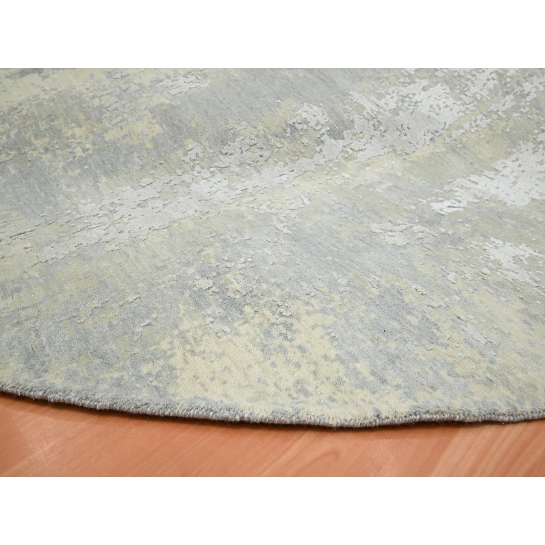 11'10" x 11'10" New Hand Knotted Grey Wool & Silk Round Oriental Rug - MOA10275675