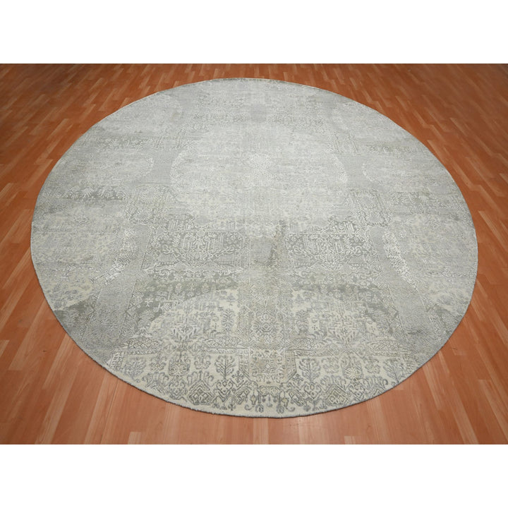 11'10" x 11'11" New Hand Knotted Ivory Wool & Silk Round Oriental Rug - MOA10275677