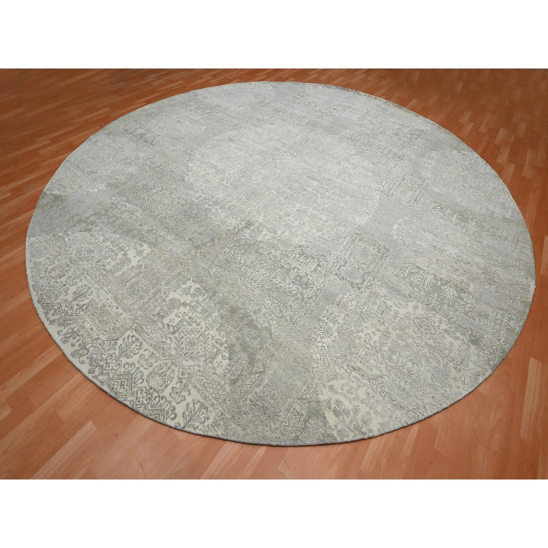 11'10" x 11'11" New Hand Knotted Ivory Wool & Silk Round Oriental Rug - MOA10275677