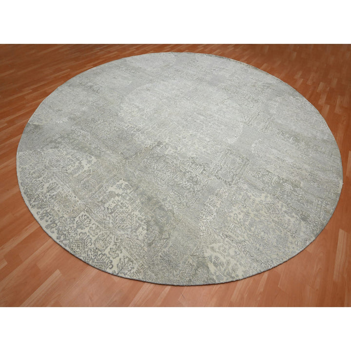 11'10" x 11'11" New Hand Knotted Ivory Wool & Silk Round Oriental Rug - MOA10275677