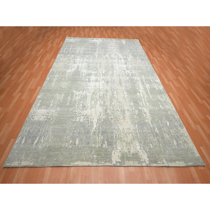 9'0" x 11'11" New Hand Knotted Grey Wool & Silk Rectangle Oriental Rug - MOA10275678