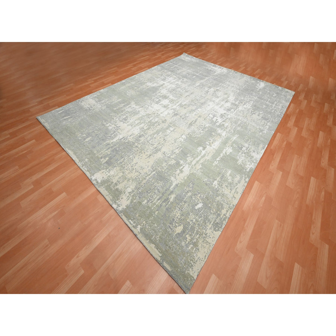 9'0" x 11'11" New Hand Knotted Grey Wool & Silk Rectangle Oriental Rug - MOA10275678