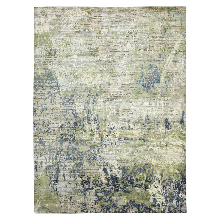 8'9" x 12'0" New Hand Knotted Green Wool & Silk Rectangle Oriental Rug - MOA10275679