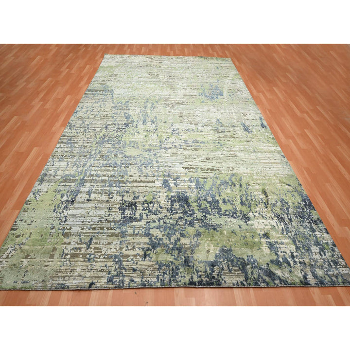 8'9" x 12'0" New Hand Knotted Green Wool & Silk Rectangle Oriental Rug - MOA10275679