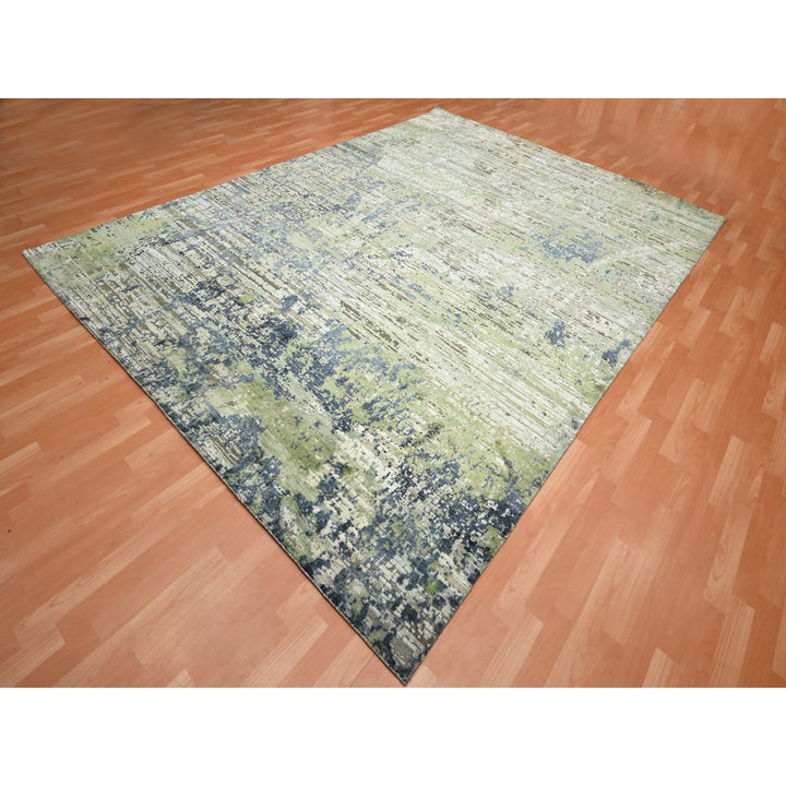 8'9" x 12'0" New Hand Knotted Green Wool & Silk Rectangle Oriental Rug - MOA10275679