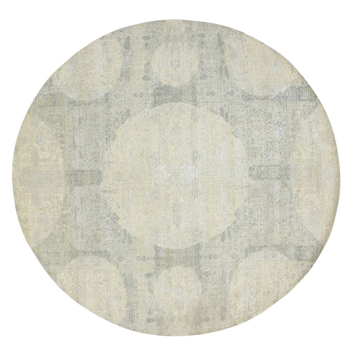 9'9" x 10'1" New Hand Knotted Ivory Wool & Silk Round Oriental Rug - MOA10275681