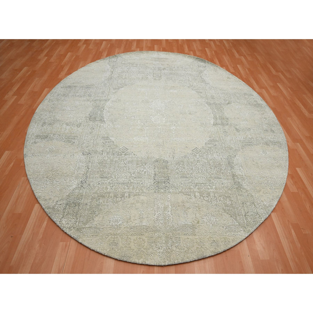 9'9" x 10'1" New Hand Knotted Ivory Wool & Silk Round Oriental Rug - MOA10275681