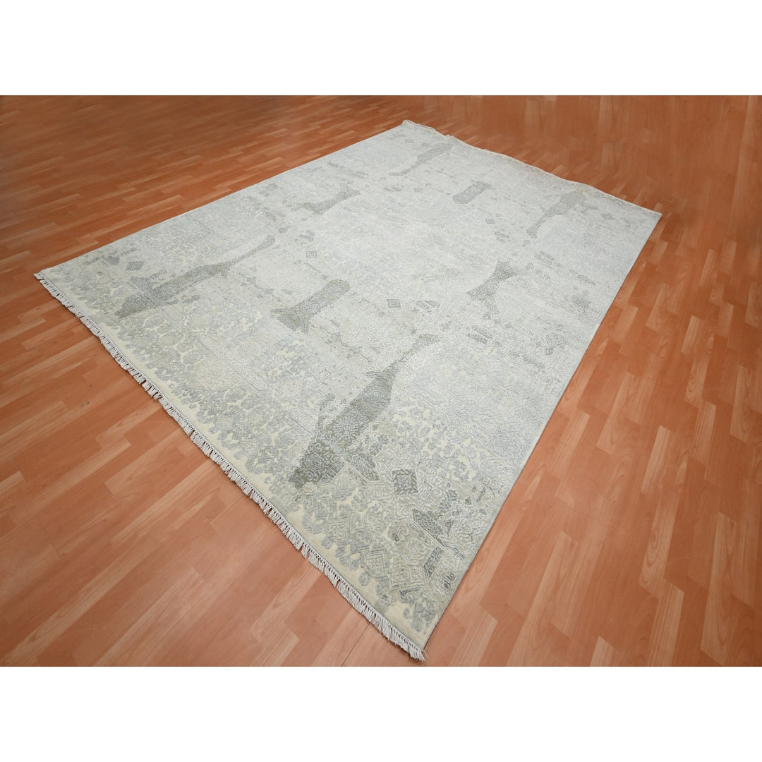 8'10" x 12'0" New Hand Knotted Ivory Wool & Silk Rectangle Oriental Rug - MOA10275682