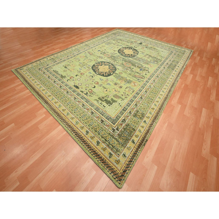 9'0" x 12'1" New Hand Knotted Green Wool Rectangle Oriental Rug - MOA10275684