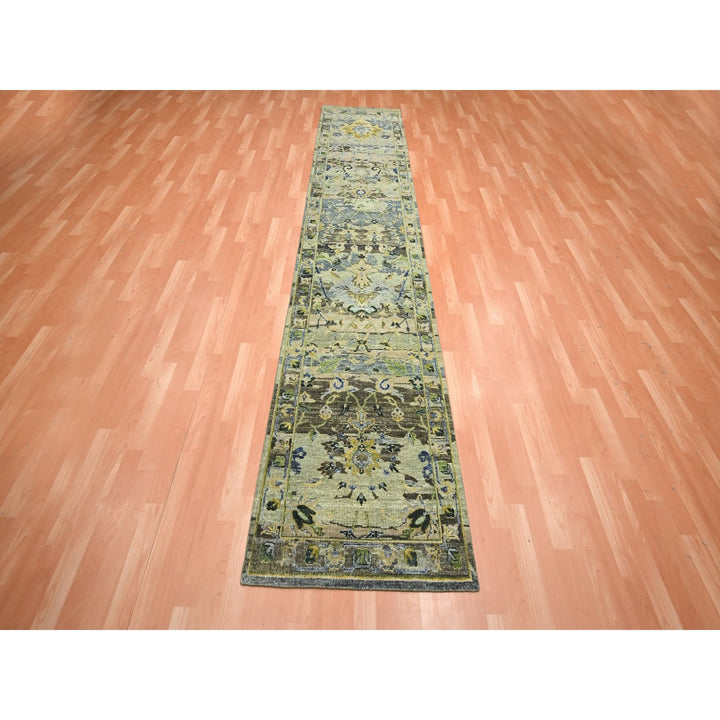 2'6" x 12'4" New Hand Knotted Green Wool Runner Oriental Rug - MOA10275687