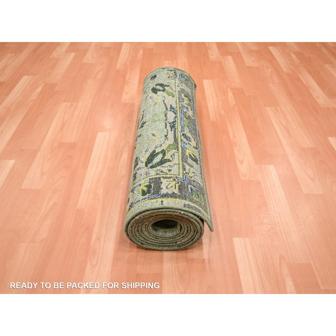 2'6" x 12'4" New Hand Knotted Green Wool Runner Oriental Rug - MOA10275687