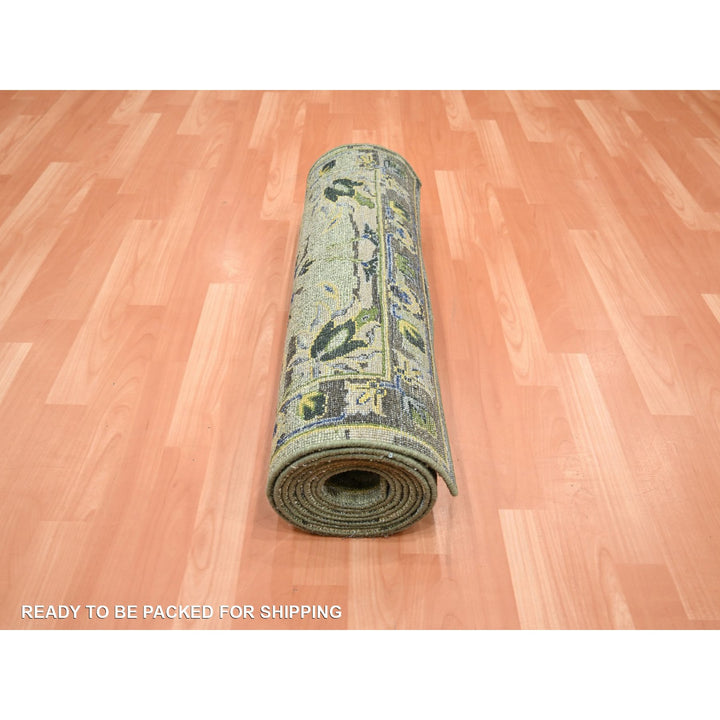 2'6" x 12'4" New Hand Knotted Green Wool Runner Oriental Rug - MOA10275687