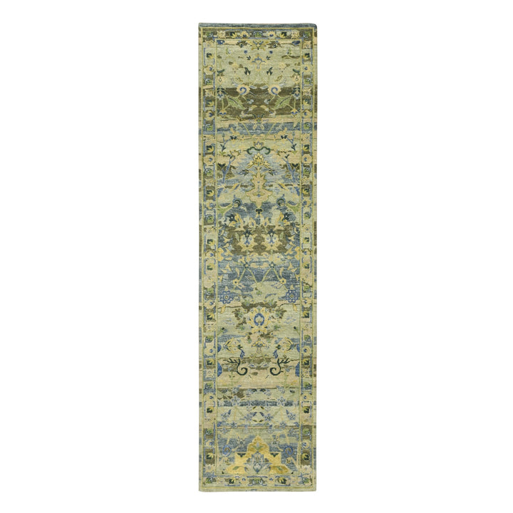 2'7" x 10'5" New Hand Knotted Green Wool Runner Oriental Rug - MOA10275688