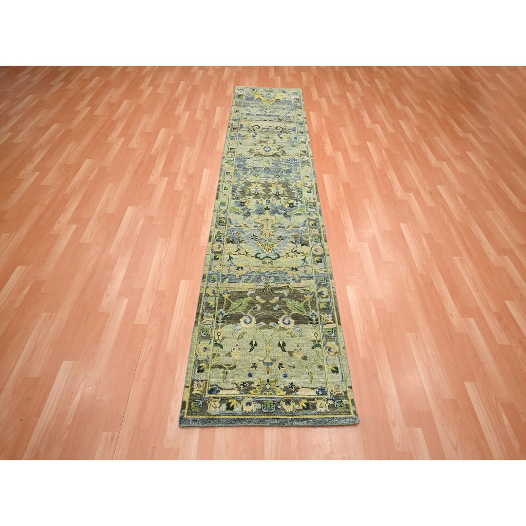 2'7" x 10'5" New Hand Knotted Green Wool Runner Oriental Rug - MOA10275688