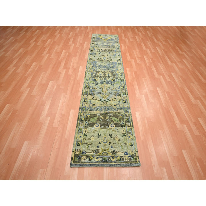 2'7" x 10'5" New Hand Knotted Green Wool Runner Oriental Rug - MOA10275688