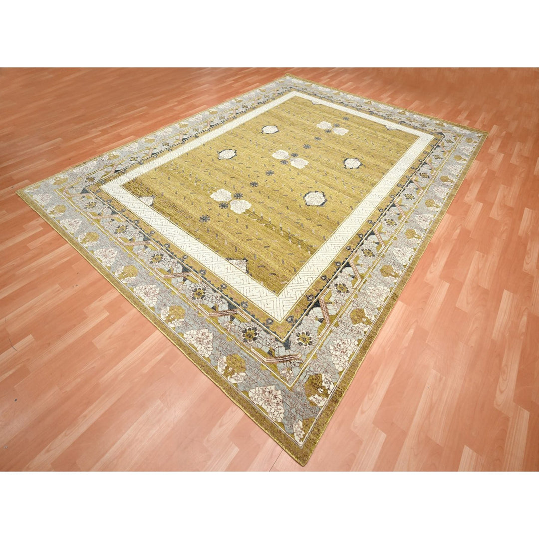 9'1" x 12'1" New Hand Knotted Yellow Wool Rectangle Oriental Rug - MOA10275692