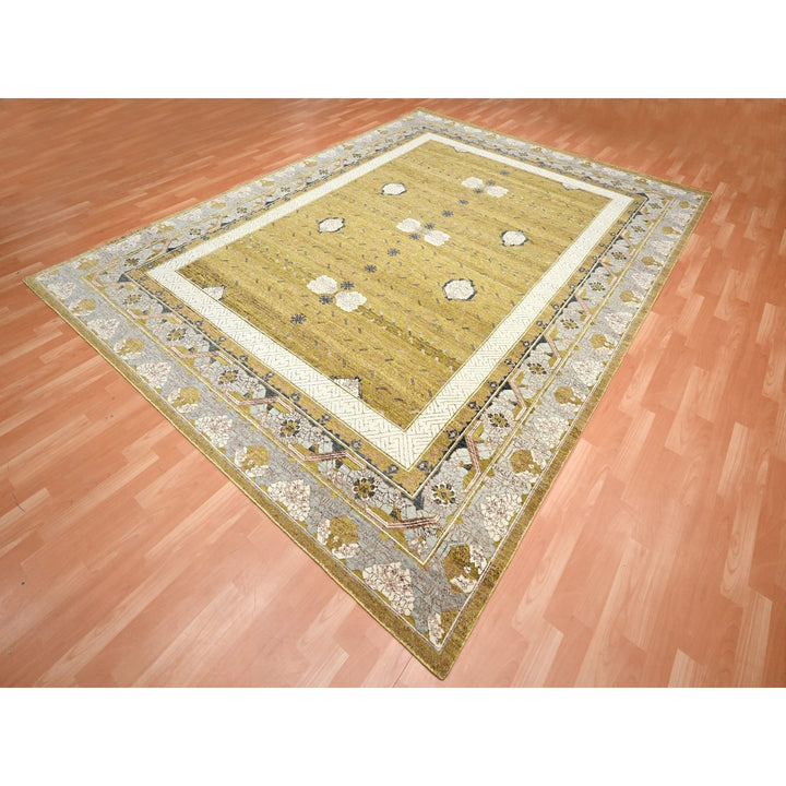 9'1" x 12'1" New Hand Knotted Yellow Wool Rectangle Oriental Rug - MOA10275692