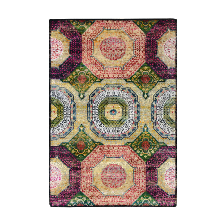 6'1" x 9'1" New Hand Knotted Yellow Wool & Sari Silk Rectangle Oriental Rug - MOA10275700