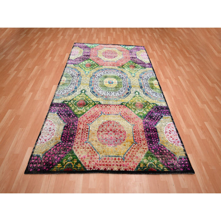 6'1" x 9'1" New Hand Knotted Yellow Wool & Sari Silk Rectangle Oriental Rug - MOA10275700