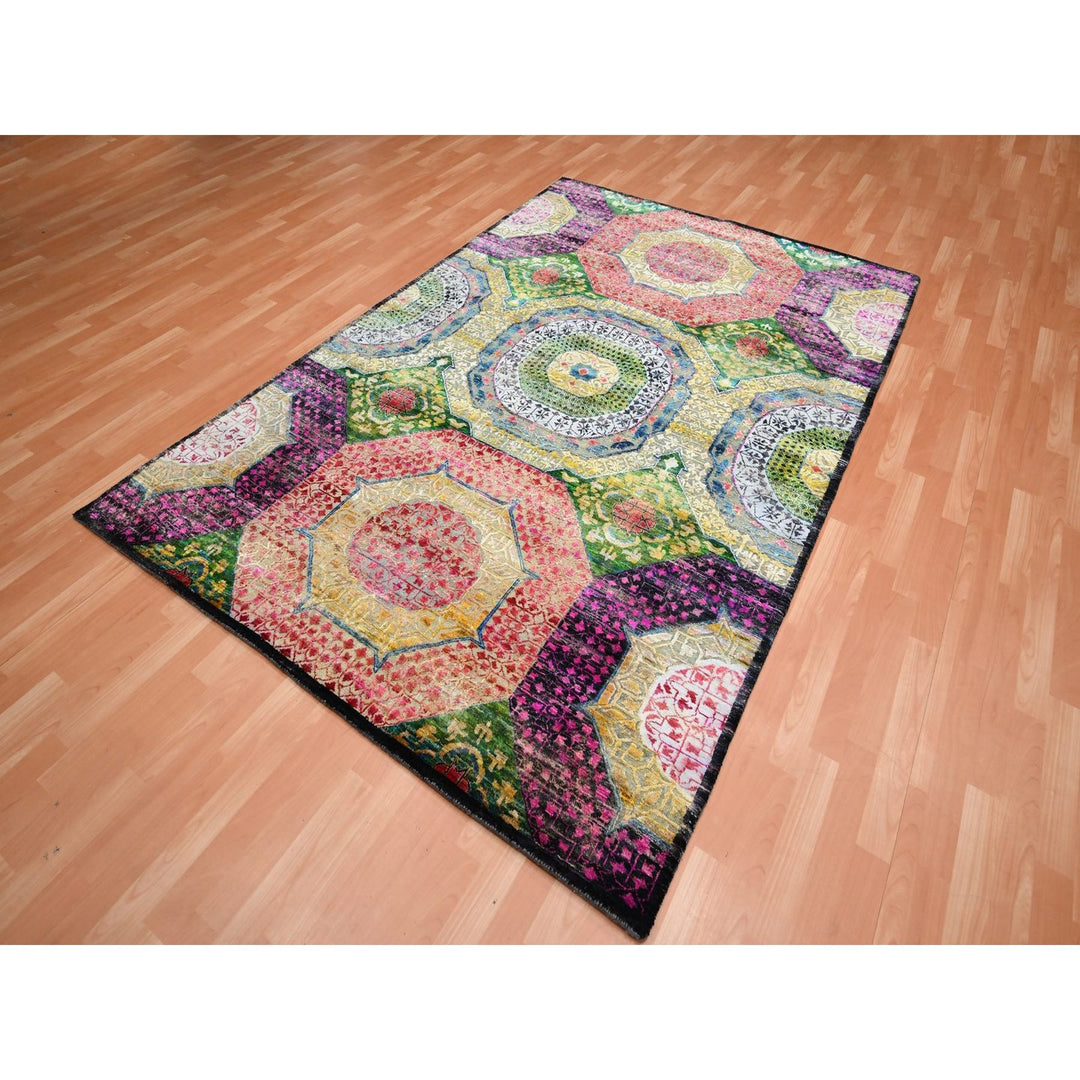 6'1" x 9'1" New Hand Knotted Yellow Wool & Sari Silk Rectangle Oriental Rug - MOA10275700