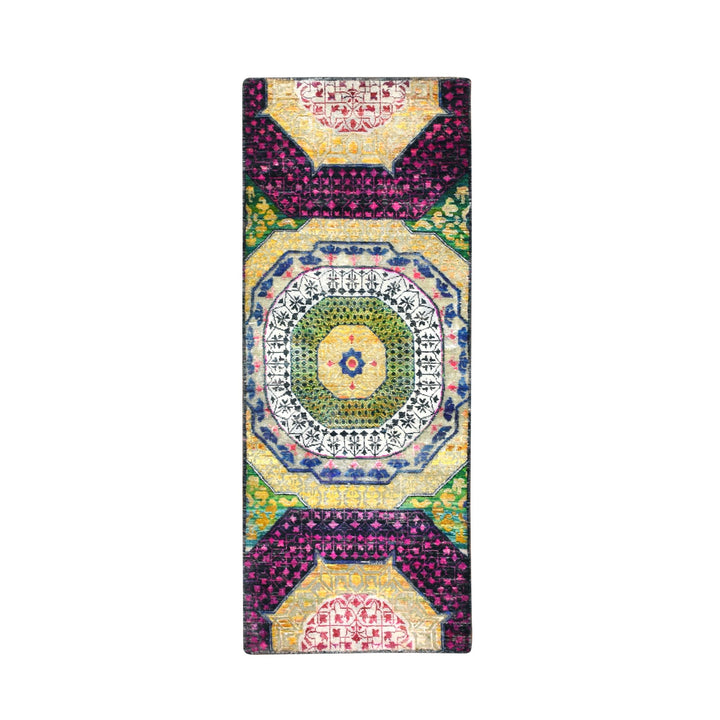 2'6" x 6'5" New Hand Knotted Yellow Wool & Sari Silk Runner Oriental Rug - MOA10275701