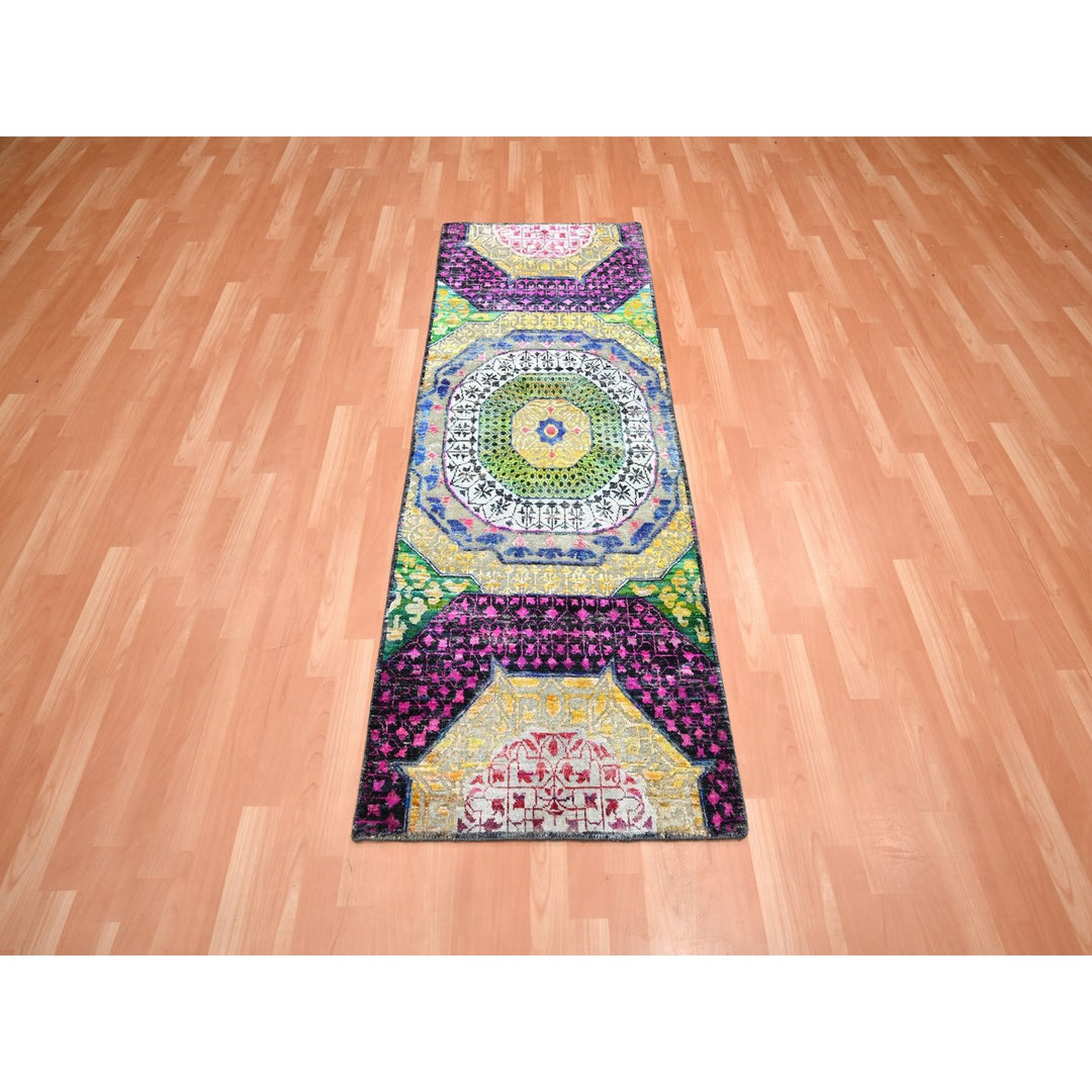 2'6" x 6'5" New Hand Knotted Yellow Wool & Sari Silk Runner Oriental Rug - MOA10275701