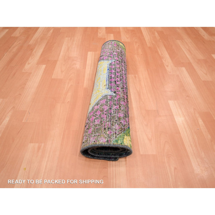 2'6" x 6'5" New Hand Knotted Yellow Wool & Sari Silk Runner Oriental Rug - MOA10275701