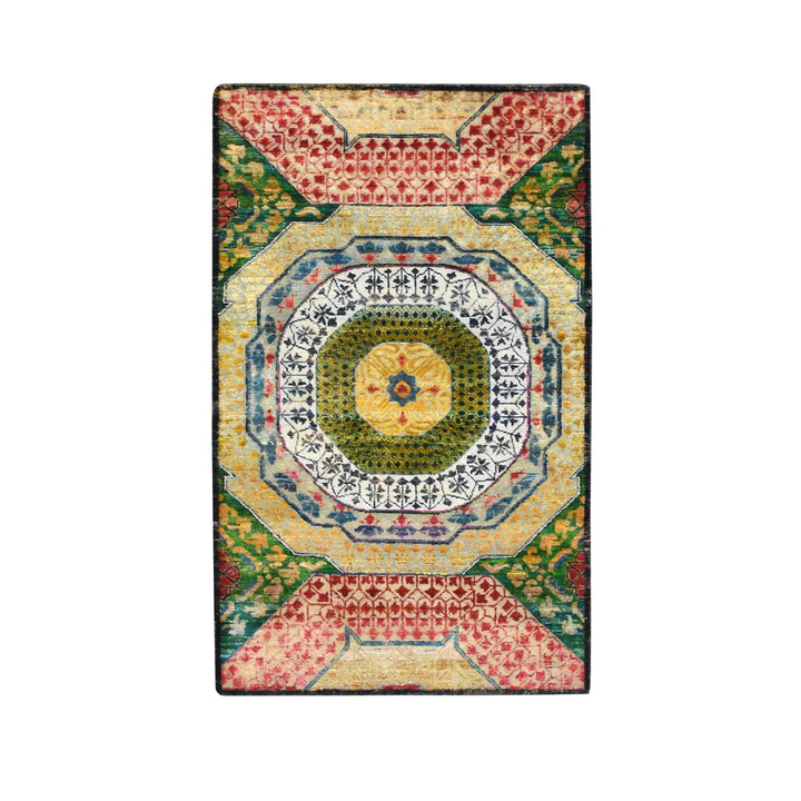 3'2" x 5'2" New Hand Knotted Yellow Wool & Sari Silk Rectangle Oriental Rug - MOA10275702