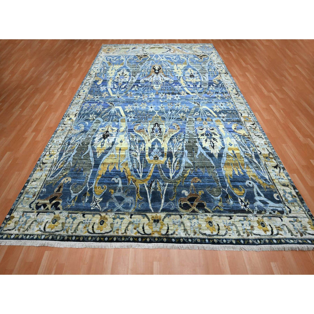 10'0" x 14'3" New Hand Knotted Blue Wool & Pure Silk Rectangle Oriental Rug - MOA10275704