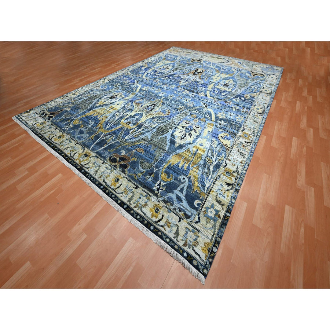 10'0" x 14'3" New Hand Knotted Blue Wool & Pure Silk Rectangle Oriental Rug - MOA10275704