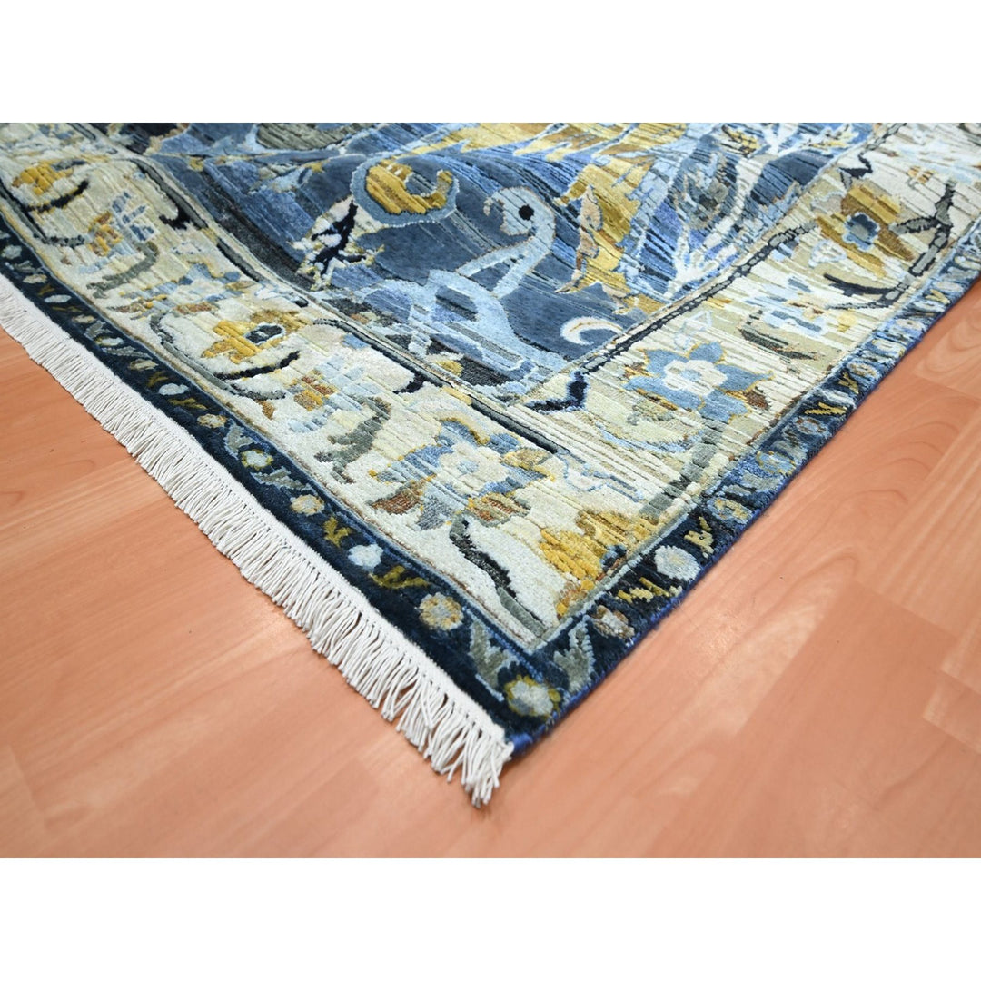 10'0" x 14'3" New Hand Knotted Blue Wool & Pure Silk Rectangle Oriental Rug - MOA10275704