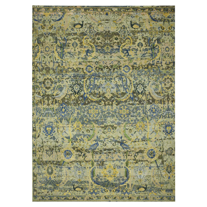 11'11" x 15'1" New Hand Knotted Green Wool Rectangle Oriental Rug - MOA10275712
