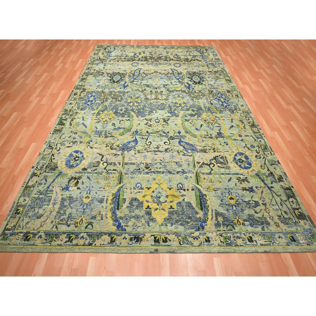 9'0" x 12'1" New Hand Knotted Green Wool Rectangle Oriental Rug - MOA10275714