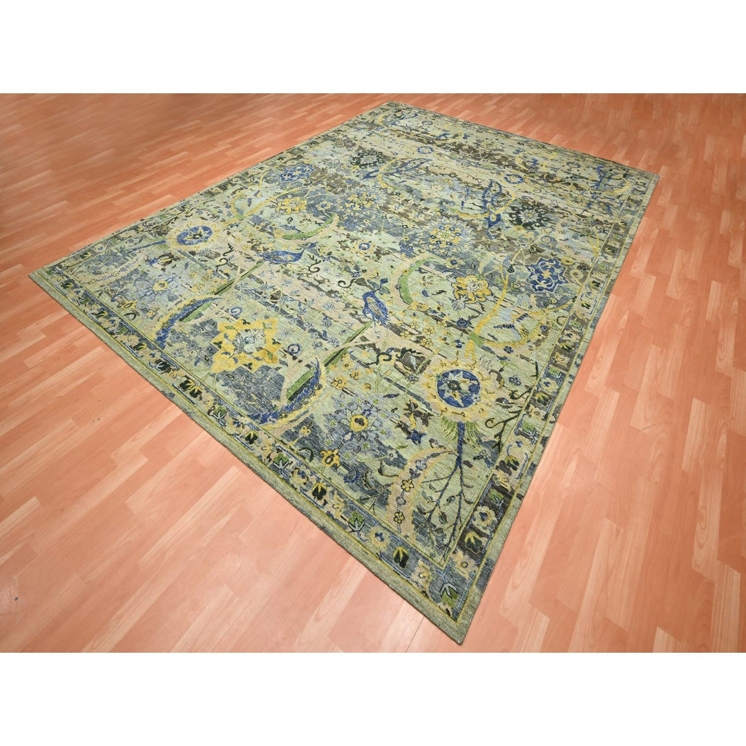 9'0" x 12'1" New Hand Knotted Green Wool Rectangle Oriental Rug - MOA10275714