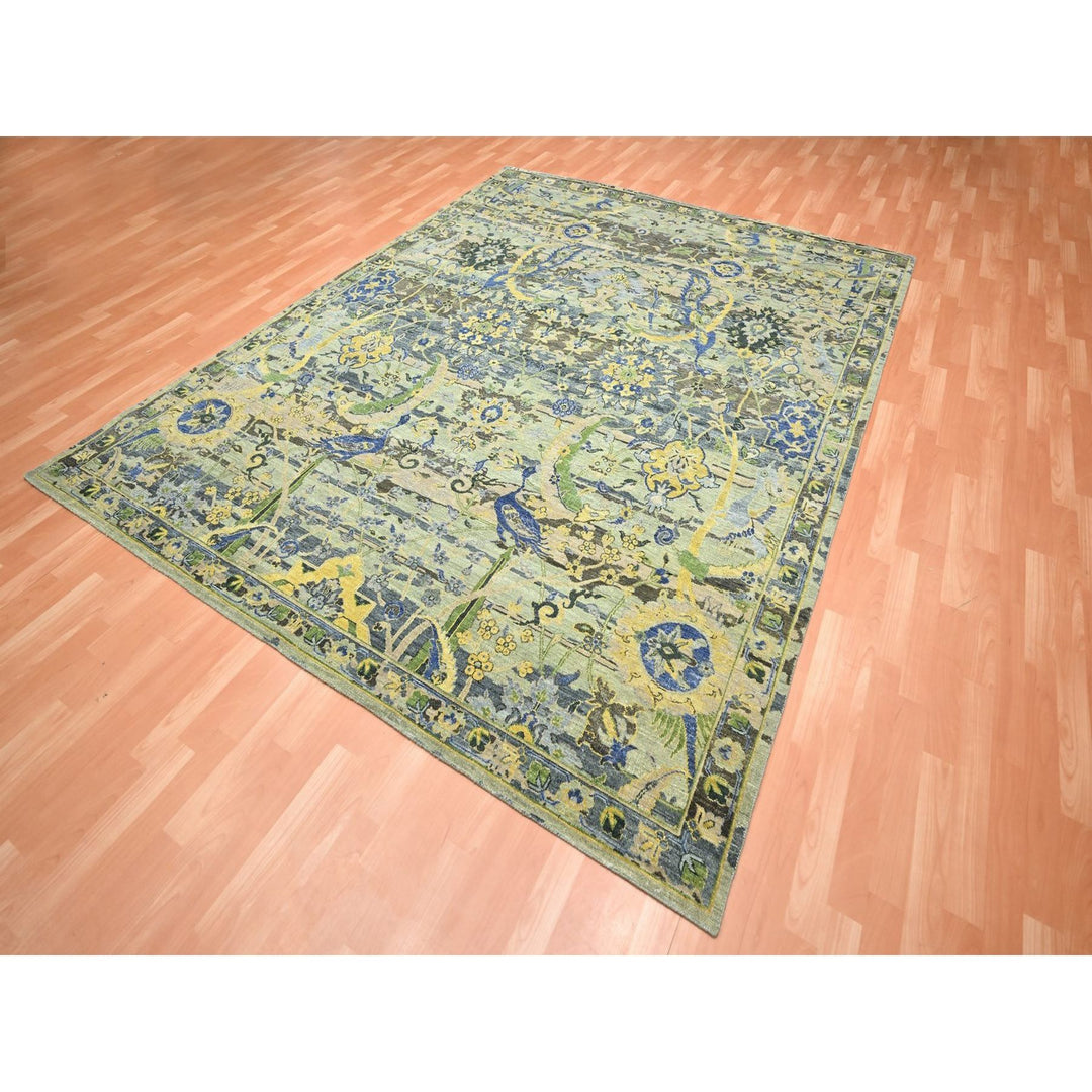 8'1" x 10'2" New Hand Knotted Green Wool Rectangle Oriental Rug - MOA10275715