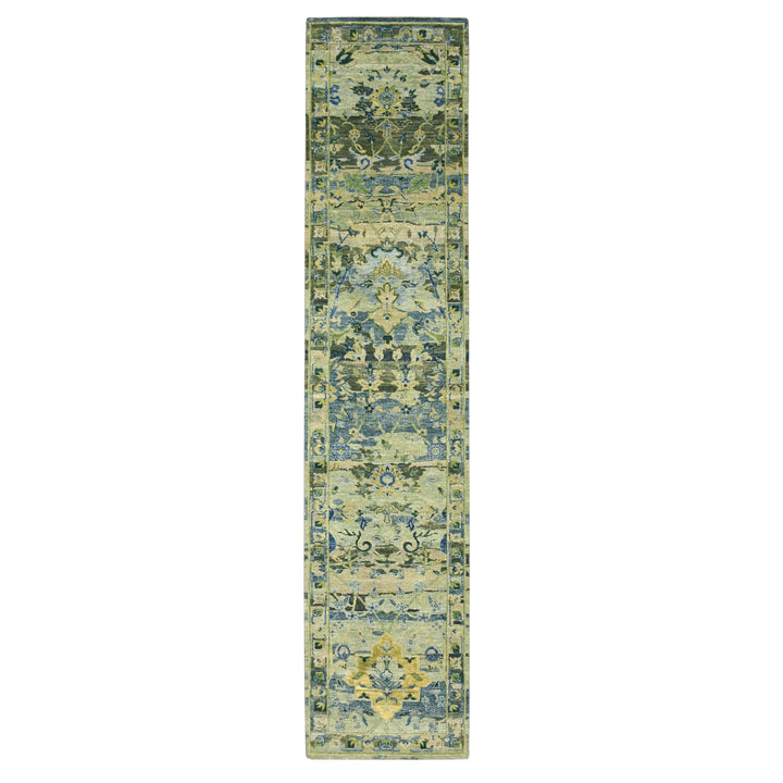 2'7" x 12'3" New Hand Knotted Green Wool Runner Oriental Rug - MOA10275717