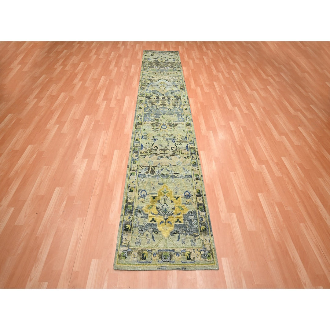 2'7" x 12'3" New Hand Knotted Green Wool Runner Oriental Rug - MOA10275717