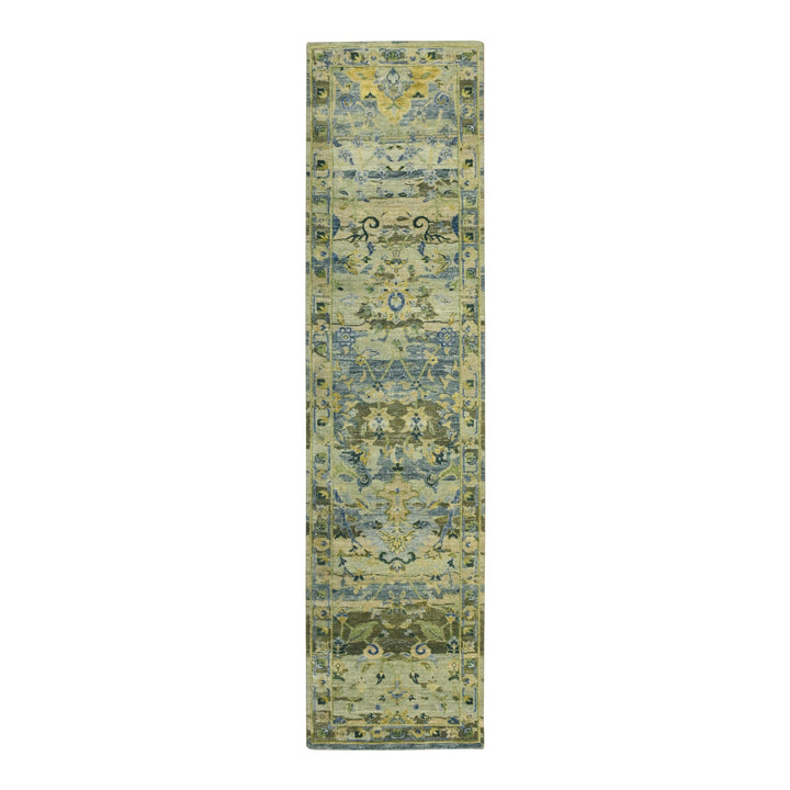 2'7" x 10'6" New Hand Knotted Green Wool Runner Oriental Rug - MOA10275718