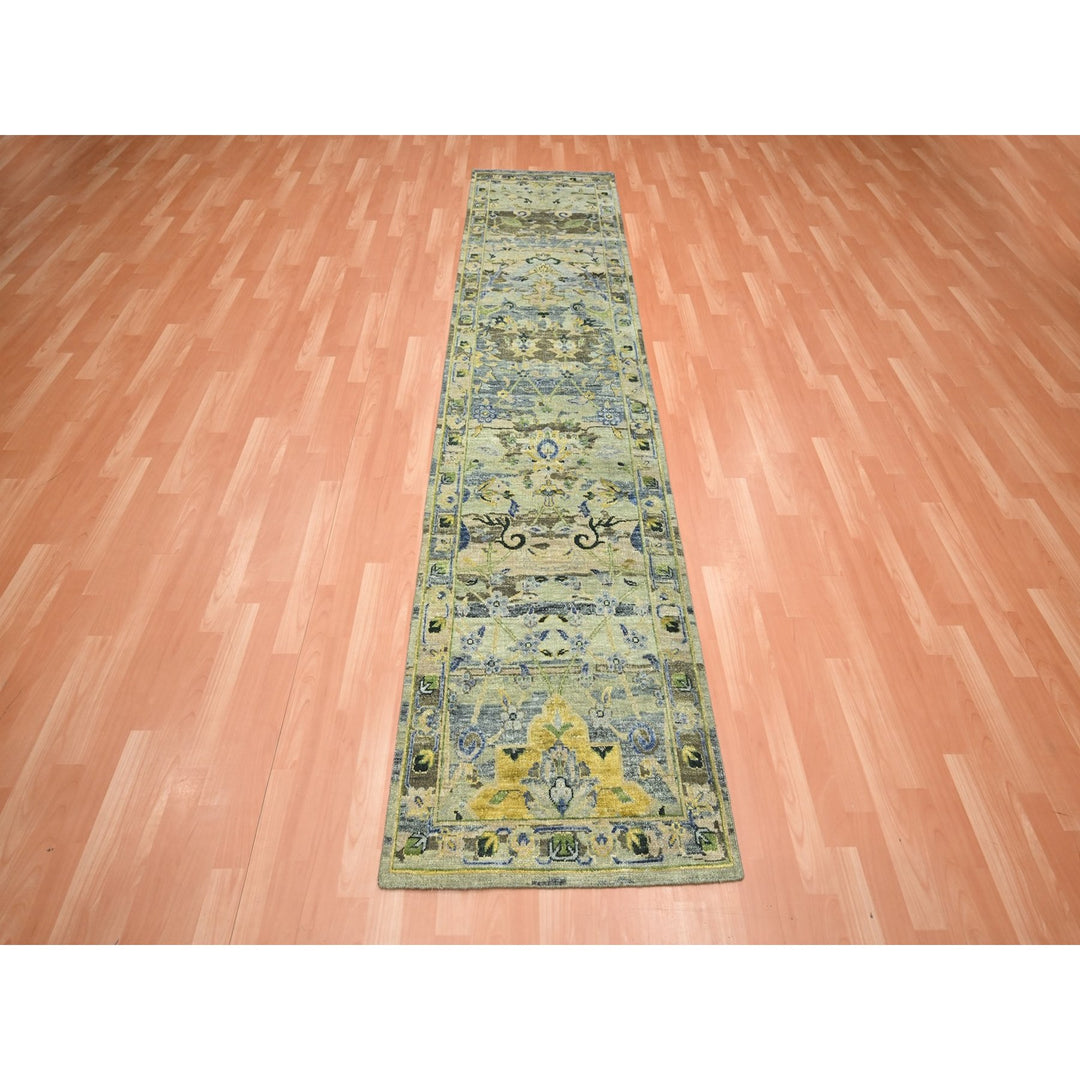 2'7" x 10'6" New Hand Knotted Green Wool Runner Oriental Rug - MOA10275718