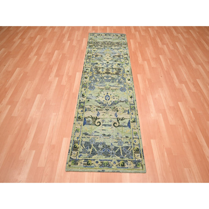 2'7" x 8'4" New Hand Knotted Green Wool Runner Oriental Rug - MOA10275719